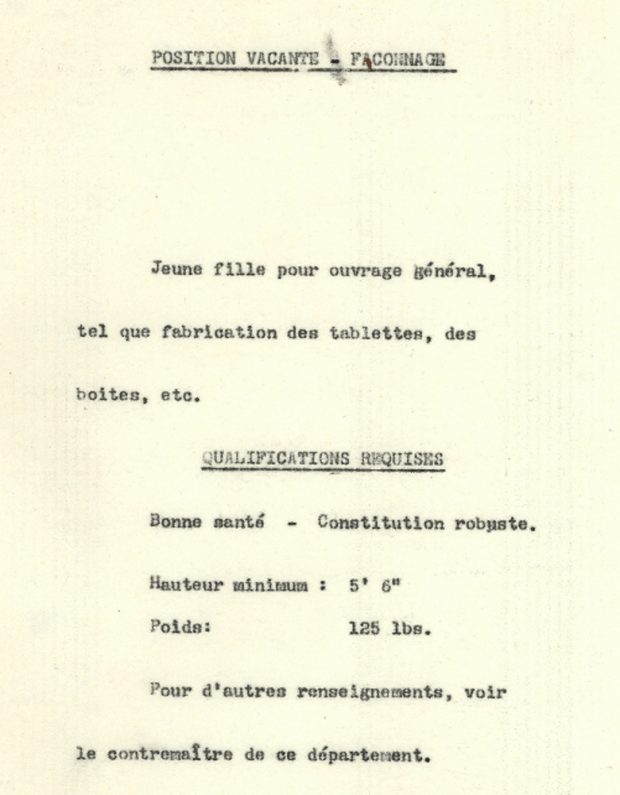 Text document for posting of a job for a woman in paper finishing, with the seal of the company, a brief description of the tasks to be performed, and the required qualifications.