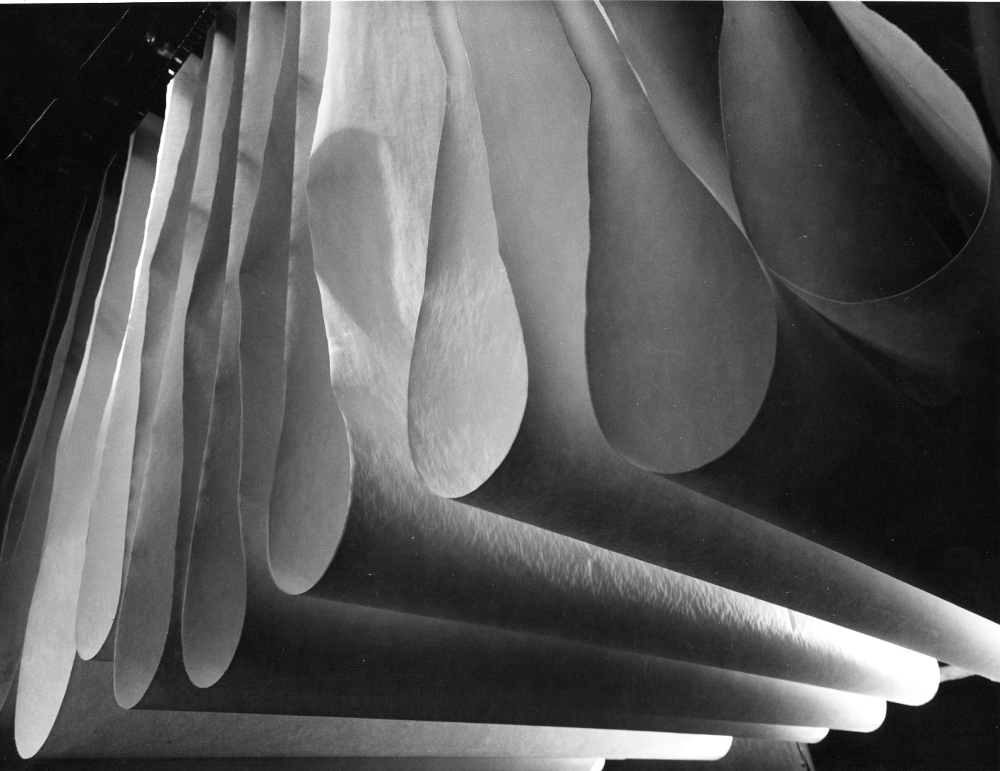 Black & white photograph depicting large sheets, folded in two and hung to dry.