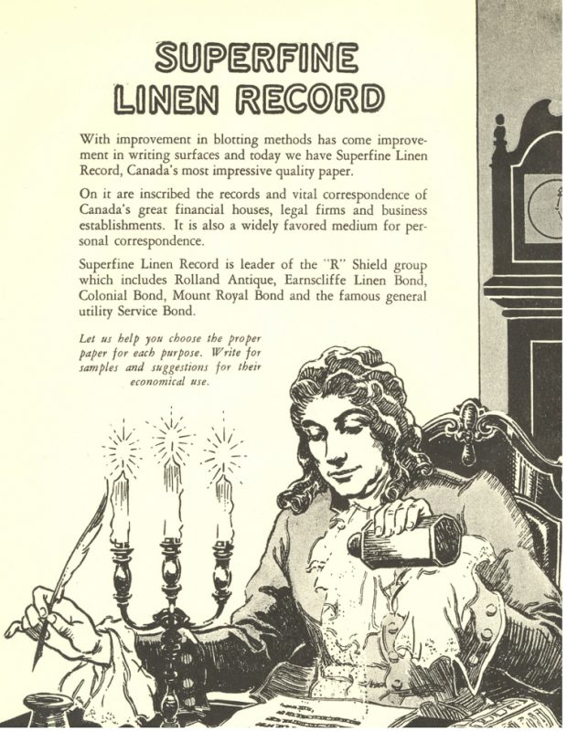Advertisement in English showing a Renaissance man sprinkling sand on a letter on a desk.