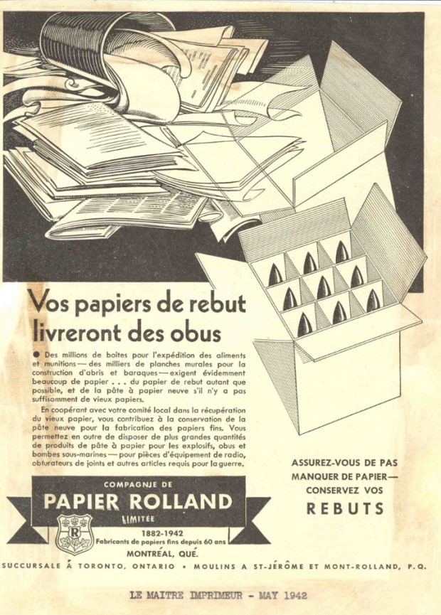 Advertisement showing used paper and a case of shells; the copy explains the importance of recycling paper in wartime.