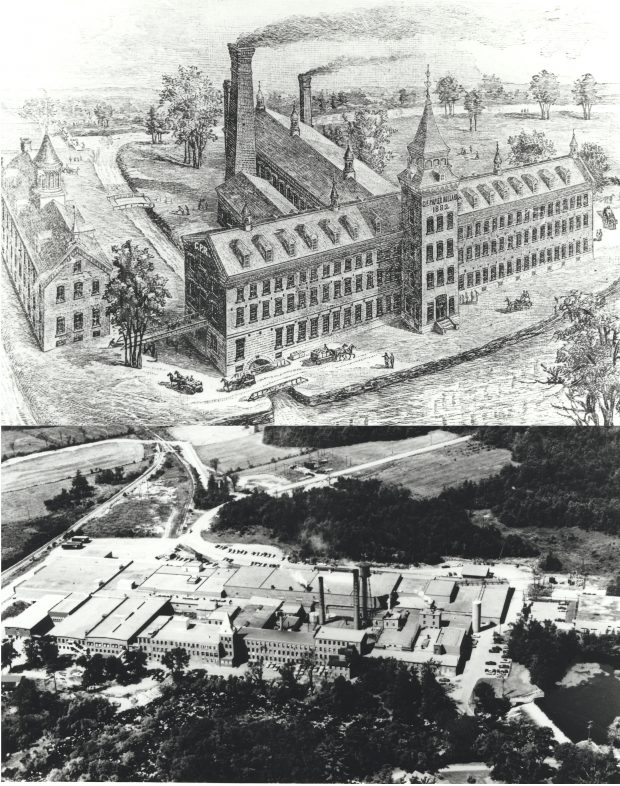 Black & white montage of an engraving and aerial photograph depicting the plant and its various buildings.