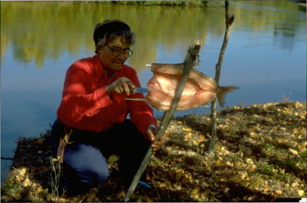 An older Katie Sanderson wearing a red jacket, dries fish on a stick alongside the riverbank.