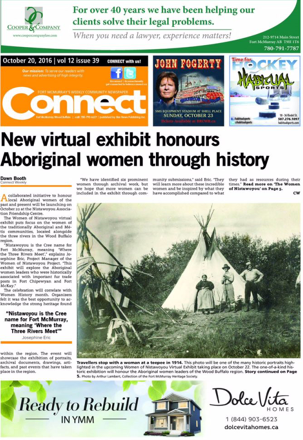 Connect newspaper dated October 28, 2016 with the headline New Virtual Exhibit honours Aboriginal Women through History and black and white photo of a tipi with a womand two men standing in front of it surrounded by local advertisement