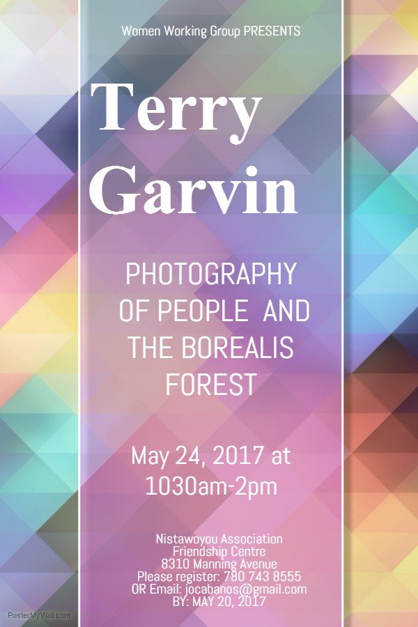 A coloured flyer of pastel colour of pink, purple, bluish, green, yellowish with the following information Women working group presents Terry Garvin Photography on May 24, 2017.