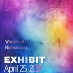 Un flyer coloré de fond bleu clair, rose, jaunâtre et une écriture qui indique Exposition des femmes de Nistawoyou le 24 avril 2017, à la Composite High School.