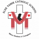 Logo of the Elsie Yanik Catholic School, it reads Where kindness is contagious. In the middle a cross with Elsie’s feature, a metis cloth draped on the cross, a heart and an apple on each side of the cross.