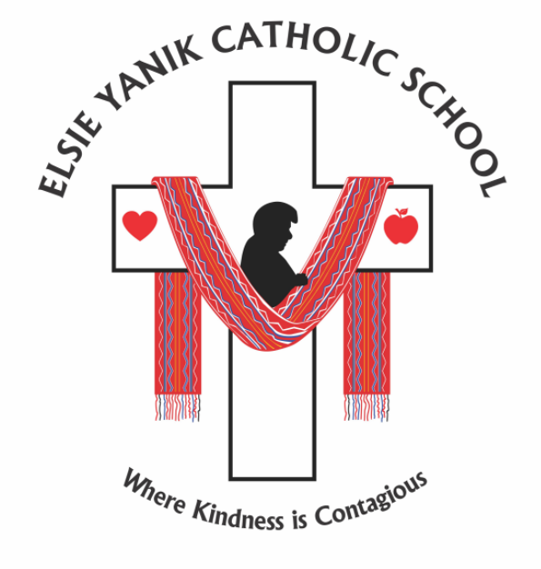 Logo of the Elsie Yanik Catholic School, it reads Where kindness is contagious. In the middle a cross with Elsie’s feature, a metis cloth draped on the cross, a heart and an apple on each side of the cross.