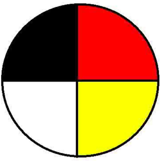 A coloured graphic of a circle divided into four, each a different colour, red, black, yellow and white.