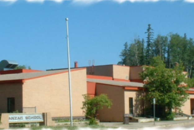 A front view of Anzac School in the nineties on a sunny day with the trees bright green and the school tin roof a deep colour of orange.