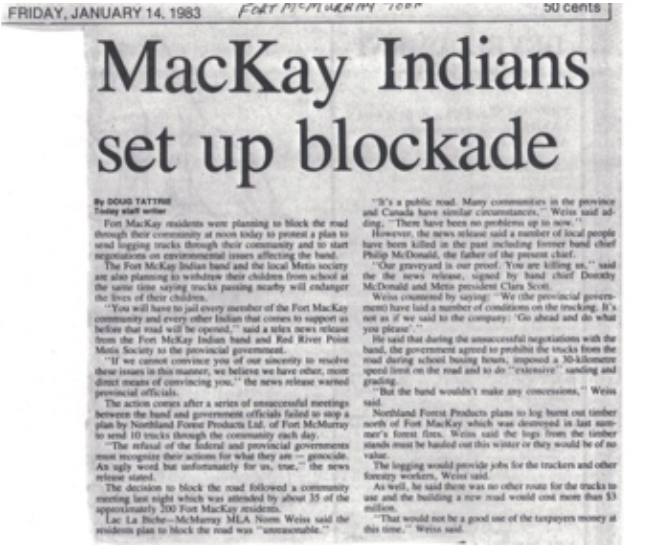 Newspaper clipping from Fort McMurray Today on January 14, 1983, with the headline McKay Indians set up blockade written.