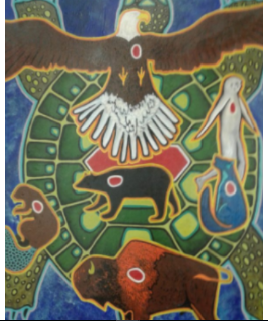 A colourful painting of species symbolic to the Seven Sacred Teachings with an eagle, black bear, brown beaver, blue wolf, brown and red buffalo and a ghost-like figure of a woman on top of a turtle’s back.