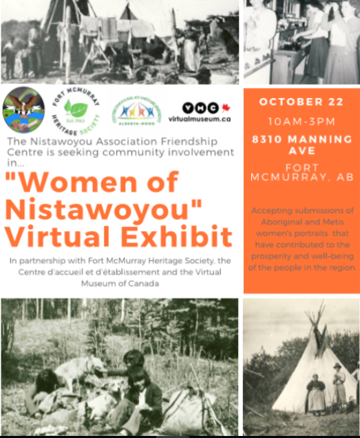 A flyer for the Women of Nistawoyou Virtual Exhibit with the four logo above black and white photo of people.