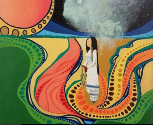 Colourful painting of a woman standing wearing a white dress with a ghost-like white buffalo hovering above in a star-filled sky.