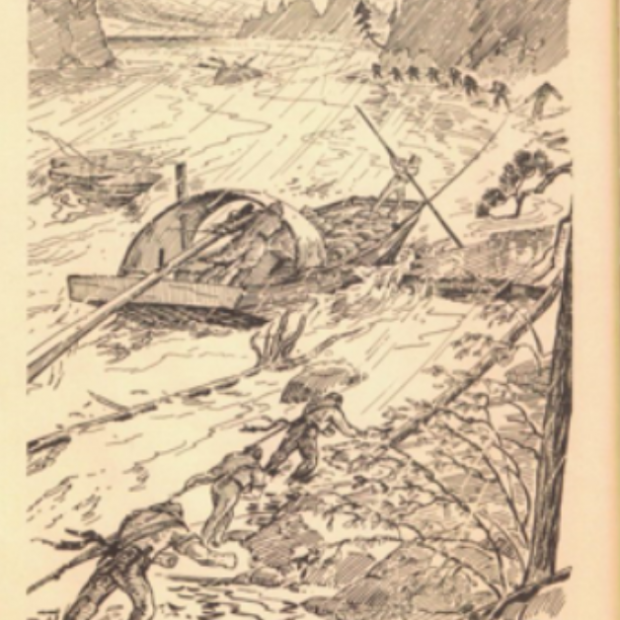 A sketch drawing depicting men travelling through river rapids by scow in a rainstorm, some on the boat and many others walking through a rocky shoreline.