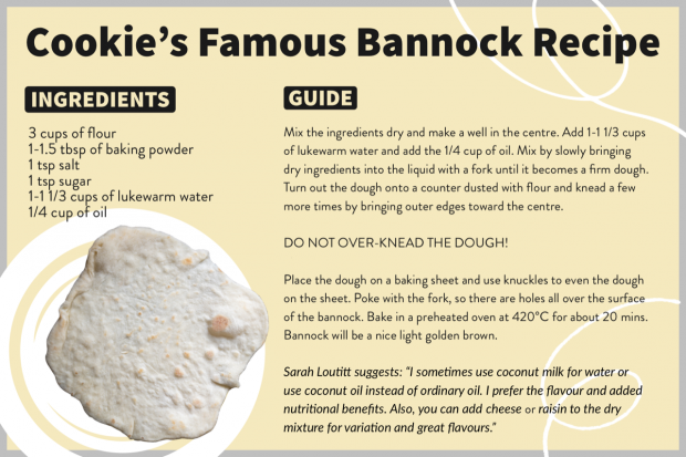 A graphic showcasing a recipe titled 'Cookie's Famous Bannock', which states the ingredient list and guide to make bannock.