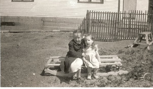 Two little girls sitting on a wooden slide