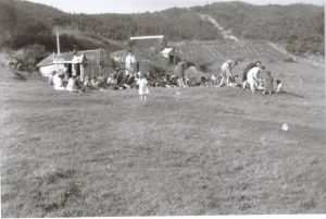 Families are shown at a garden party in a field
