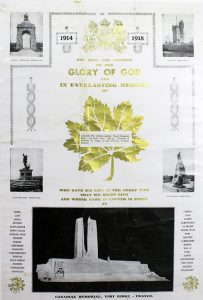 A poster with 5 photographs, ornaments and a golden maple leaf in centre. There is a printed capsule superposed on the maple leaf in centre.