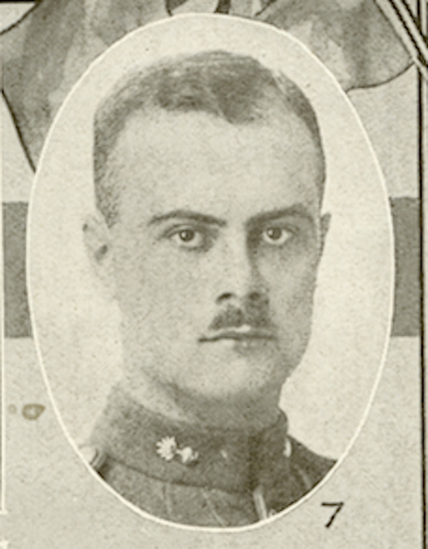 Portrait of a soldier with a moustache.