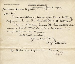 Letter to Queen’s Engineering Society 1918 Patterson, George Beattie. Queen’s Remembers, Queen’s University Archives. Accessed 18 March 2017. Web.