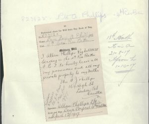 Pte. Phillips’ handwritten will 1917 LAC. “Phillips, Allan (823825).” Accessed March 30, 2017. Web.