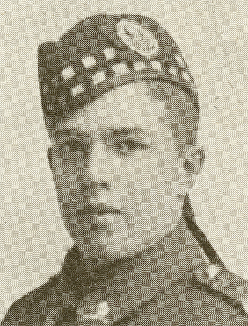 Portrait of a soldier. He wears a wedge hat with badge, highlander motif and ribbons at the back.