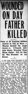 News paper article about a soldier wounded on the day his Father was killed. See Gallery page for transcript.