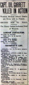 Capt. Garrett’s Obituary 1918 “Capt. Dr. Garrett Killed in Action.” London Free Press (London, ON), October 3, 1918, Pg. 2.