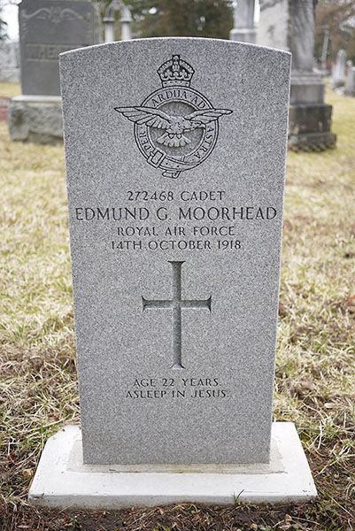 A grave stone with a cross and a crest showing a bird on a circle surrounded by a crown.