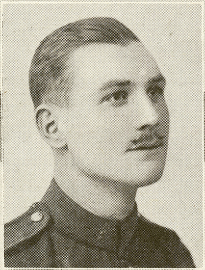 Portrait of a soldier with a moustache.