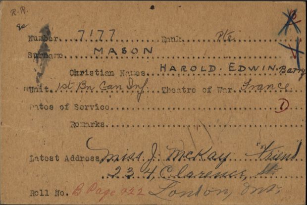 A form-card completed in handwriting including military service information and next-of-kin.