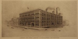 Une lithographie d’un site industriel : il s’agit de l’imprimerie Lawson and Jones.