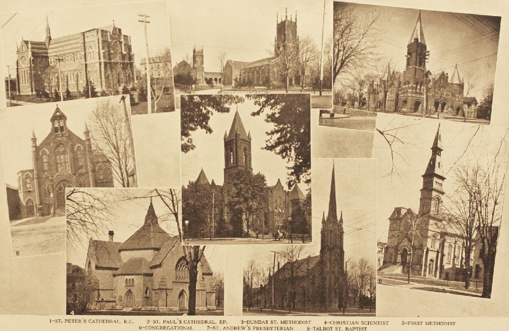 Carte postale montrant huit églises à London, ON.