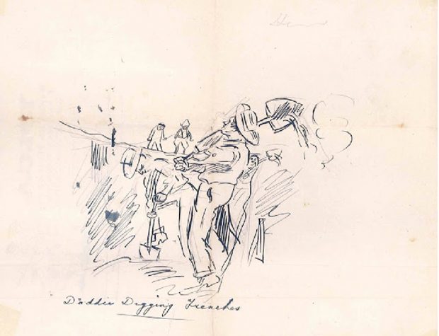 Drawing showing men digging. Handwritten inscription lower to the left Daddy Digging Trenches.