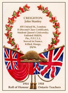 A poster featuring a beaver superimposed to a union Jack flag on the right and an old Canada flag on the left. A wreath of maple leaves surges from behind the beaver surrounding and inscription for John Stanley Craighton. At the bottom the following inscription: "1914-1918. Roll of Honour. Ontario Teachers."