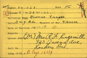 Pte. Kingsmill’s Service Card. Ca. 1916-1918. LAC. “Kingsmill, Thomas.” Accessed March 29, 2017. Web.