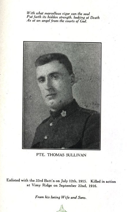 Photograph of a page in a book showing the portrait of a soldier. There are writings on top and at the bottom.