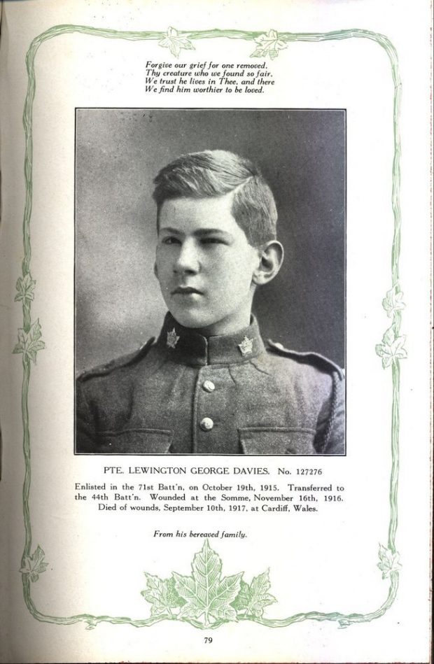 Photograph of a page in a book showing the portrait of a soldier. There are writings on top and at the bottom, the edges have ornaments, a vine and maple leaves.