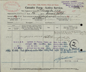 A form completed in handwriting. Many stamps in red and purple ink. The title of the form is "Casualty Form - Active Service."