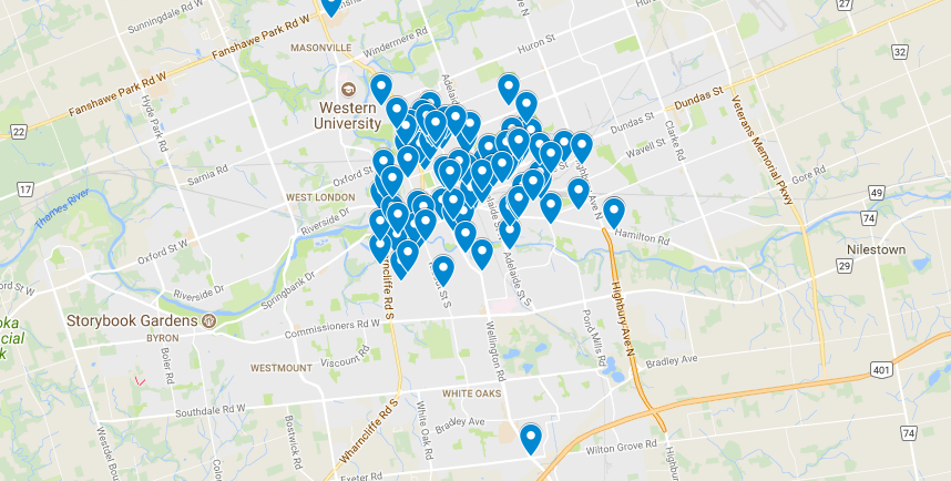 Une carte de Londres sur laquelle des adresses ont été tracés.