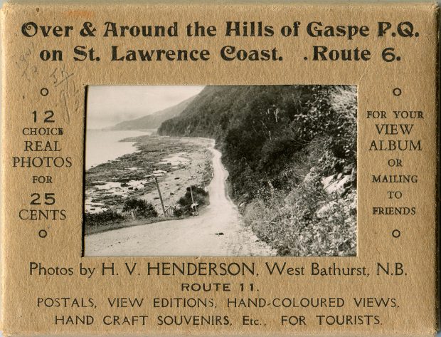 Set of 12 souvenir photographs by the photographer H.V. Henderson, sold in cardboard packaging on which is written: Over & Around the Hill of Gaspé P.Q. on St. Lawrence Coast. Route 6 - 12 choice Real Photos for 25 cents – For you view album or mailing to friends.