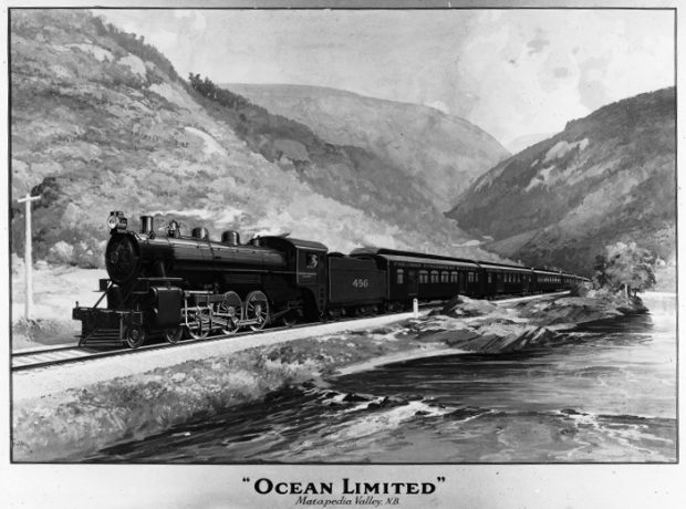 Black and white photograph of a painting of the Ocean Limited train pulling passenger wagons. The railway runs along the bank of the Matapedia River. The background is composed of a series of mountains superimposed on each side of the river, the landscape typical of the Matapedia Valley.