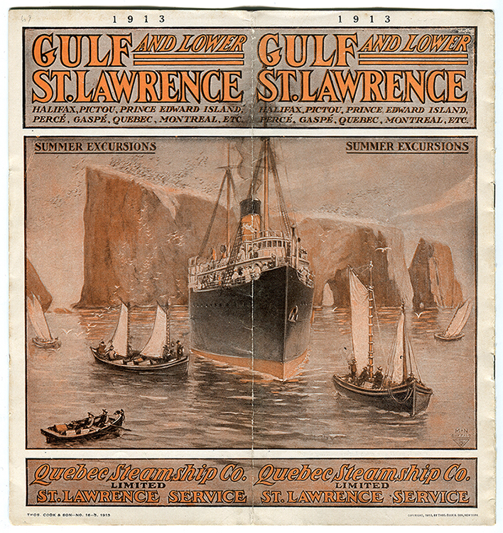 This brochure of the Quebec Steamship Co. is illustrated with a maritime scene. A steamer and some small sailing boats approach the shoreline in front of Percé Rock.