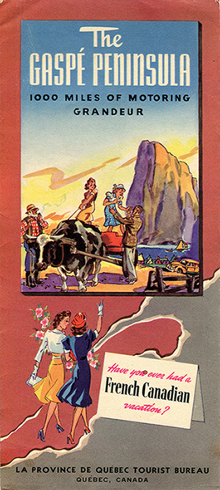 Cover of a tourist pamphlet. In the upper part of the page, drawing of two young women standing on a cart drawn by an ox. A man helps one of the women get off the cart while the other controls the ox with a rope. The farmer observes the scene while smoking a pipe. In the background, the village of Perce and Percé Rock dominates the background. At the bottom of the pamphlet, two fashionable dressed young women walk across a map of the province of Quebec towards the Gaspésie. Near them a box proclaims: Have you ever had a French Canadian vacation?.