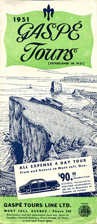 The cover of the pamphlet from 1951 for Gaspé Tours presents an engraving of the view of Percé Rock from the coast. The brochure is promoting the tour of Gaspésie in 4 days for $90 from Mont-Joli back to Mont-Joli.