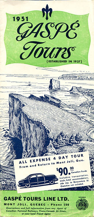 The cover of the pamphlet from 1951 for Gaspé Tours presents an engraving of the view of Percé Rock from the coast. The brochure is promoting the tour of Gaspésie in 4 days for $90 from Mont-Joli back to Mont-Joli.
