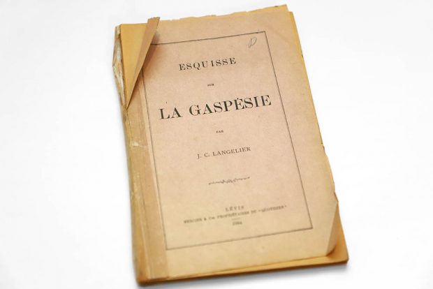 Colour photograph of booklet cover. The cover reads: Esquisse sur la Gaspésie par J. C. Langelier, Lévis, Mercier & Cie, Propriétaires du quotidien, 1886. The cover is made of a thin paper yellowed by acidity and time.