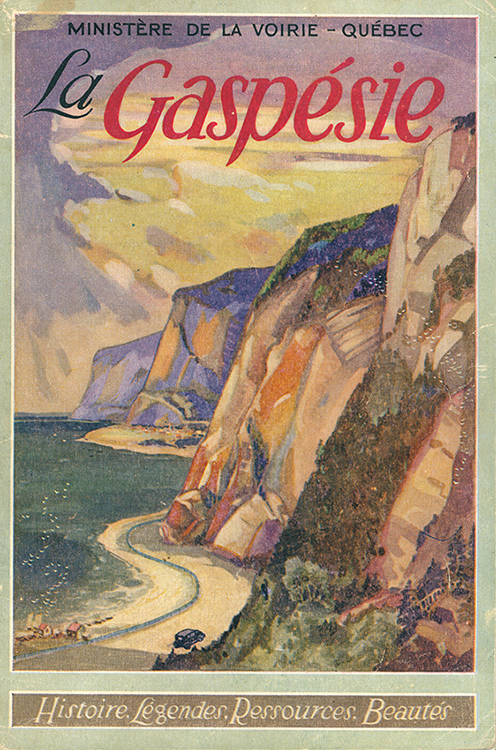 Cover page of the Gaspésie booklet produced by the Ministry of Roads. The cover is illustrated by a romantic image of the Gaspésie. In a sunset, a 1930s model car advances on a road that crisscrosses the foot of the immense coastal cliffs of Gaspésie.