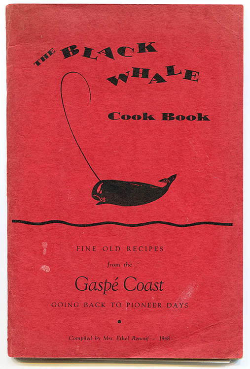 Cover page of The Black Whale cook book. The cover is printed on bright red sturdy paper and shows the drawing of a black whale. A thin black band that suggests waves divides the page in half. It reads, The Black Whale Cook Book: Fine Old Recipes from the Gaspé Coast Going Back to Pioneer Days. Compiled by Mrs. Ethel Renouf - 1948