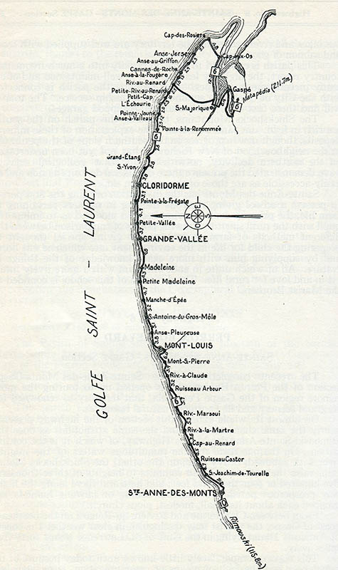 Draw in black ink route No. 6 from Ste-Anne-des-Monts to Gaspé. Along the route, we find the name of all the villages and rivers that we meet.